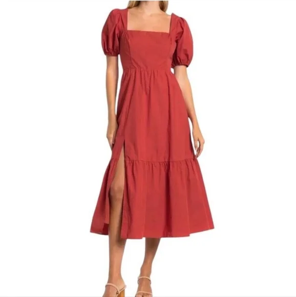 Astr | Dresses | Astr The Label Puff Sleeve Smocked Back Tiered Midi Dress  Rust Orange Size Xl | Poshmark